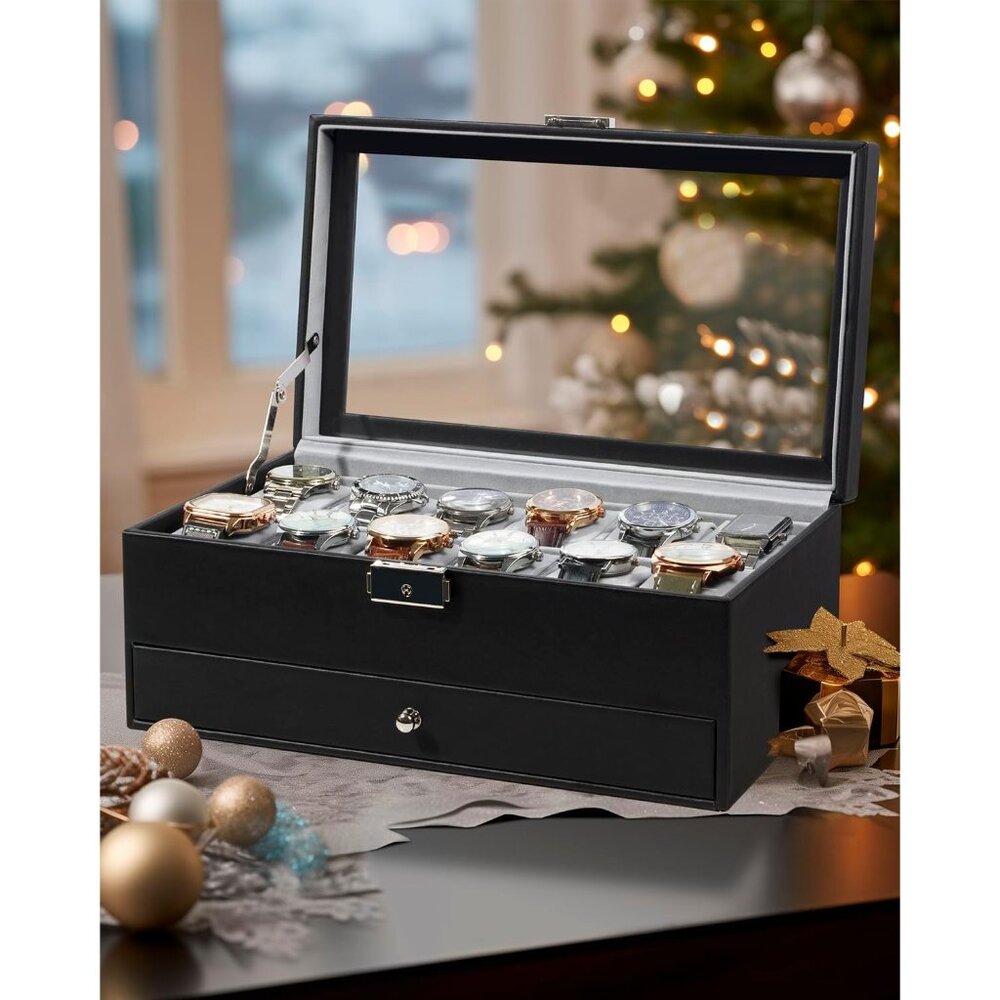 Watch Box 12 Slot Watch Display Organizer Leather Jewelry Case Drawer Glass Birt - Picture 7 of 8
